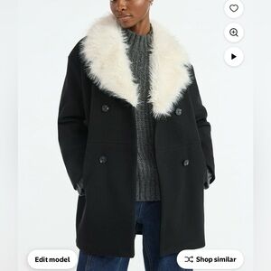 Scoop Black Oversized Heavyweight Pea Coat with Cream Faux-Fur Collar